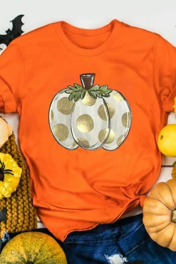 Sale Dear-Lover Thanksgiving Pumpkin Pattern Crew Neck Short Sleeve Top Orange