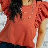 Fashion Dear-Lover Tiered Ruffled Sleeve Crew Neck T Shirt Orange