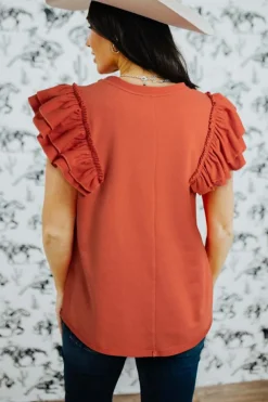 Fashion Dear-Lover Tiered Ruffled Sleeve Crew Neck T Shirt Orange