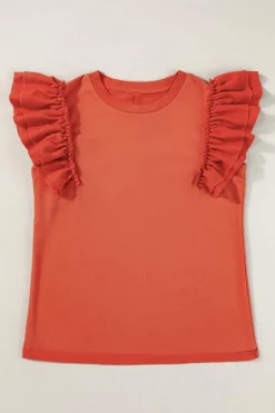 Fashion Dear-Lover Tiered Ruffled Sleeve Crew Neck T Shirt Orange