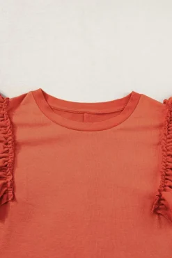 Fashion Dear-Lover Tiered Ruffled Sleeve Crew Neck T Shirt Orange