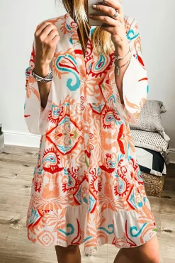 Clearance Dear-Lover Tribal Bracelet Sleeve Buttoned Mini Dress Orange