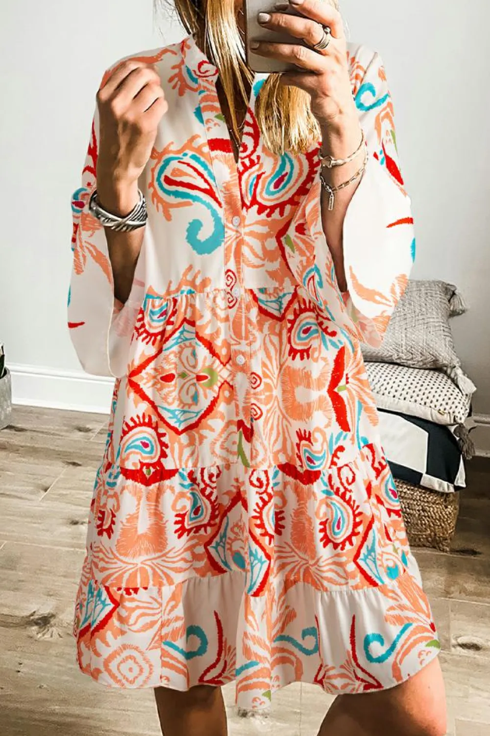 Clearance Dear-Lover Tribal Bracelet Sleeve Buttoned Mini Dress Orange