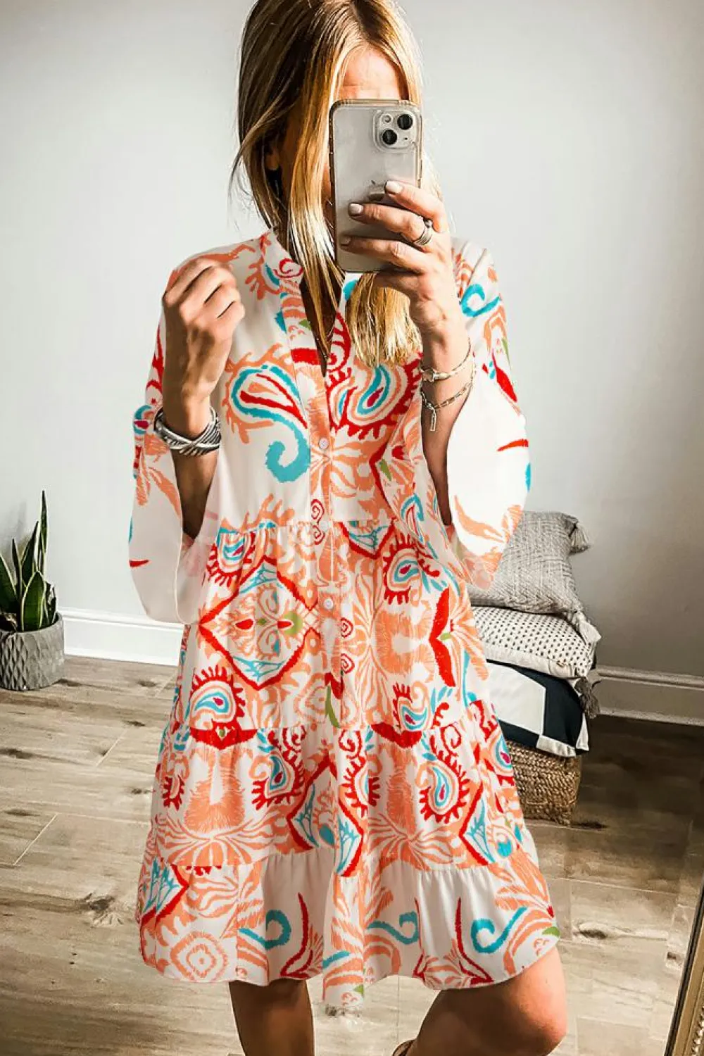 Clearance Dear-Lover Tribal Bracelet Sleeve Buttoned Mini Dress Orange