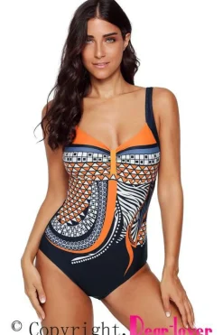 Outlet Dear-Lover Tribal Print One Piece Swimsuit Orange