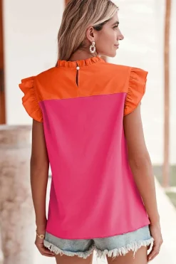 Outlet Dear-Lover Two Tone Ruffled Flutter Sleeve Blouse Orange