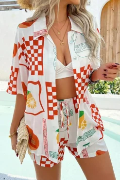 Hot Dear-Lover Vacation Printed Loose Shirt and Drawstring Shorts Set Orange