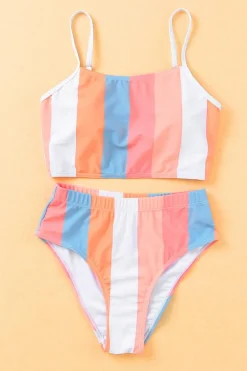 Discount Dear-Lover Vertical Striped High Waist Bikini Swimsuit Orange