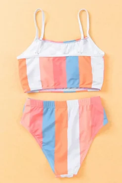 Discount Dear-Lover Vertical Striped High Waist Bikini Swimsuit Orange