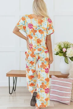 New Dear-Lover Vibrant Floral Printed Short Sleeve Top 2 Piece Pants Set Orange