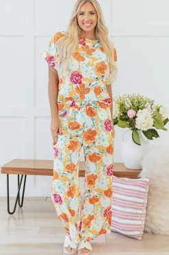 New Dear-Lover Vibrant Floral Printed Short Sleeve Top 2 Piece Pants Set Orange