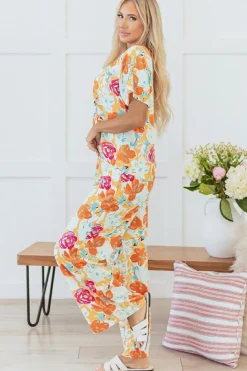 New Dear-Lover Vibrant Floral Printed Short Sleeve Top 2 Piece Pants Set Orange