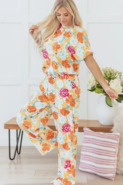 New Dear-Lover Vibrant Floral Printed Short Sleeve Top 2 Piece Pants Set Orange