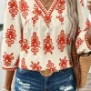 Online Dear-Lover Vintage Geometric Printed 3/4 Sleeve V Neck Blouse Orange