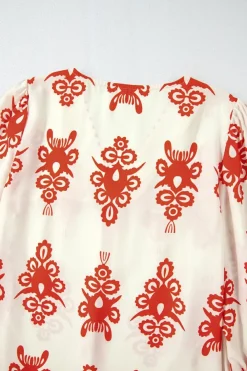 Online Dear-Lover Vintage Geometric Printed 3/4 Sleeve V Neck Blouse Orange
