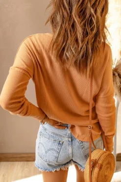Fashion Dear-Lover Waffle Knit Henley Top Orange