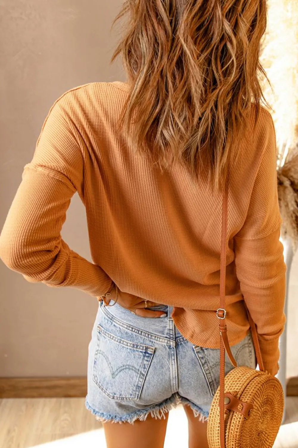 Fashion Dear-Lover Waffle Knit Henley Top Orange