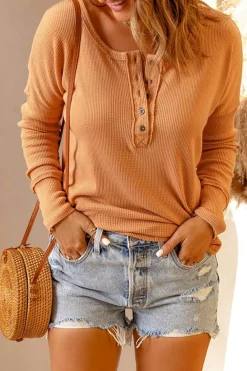 Fashion Dear-Lover Waffle Knit Henley Top Orange