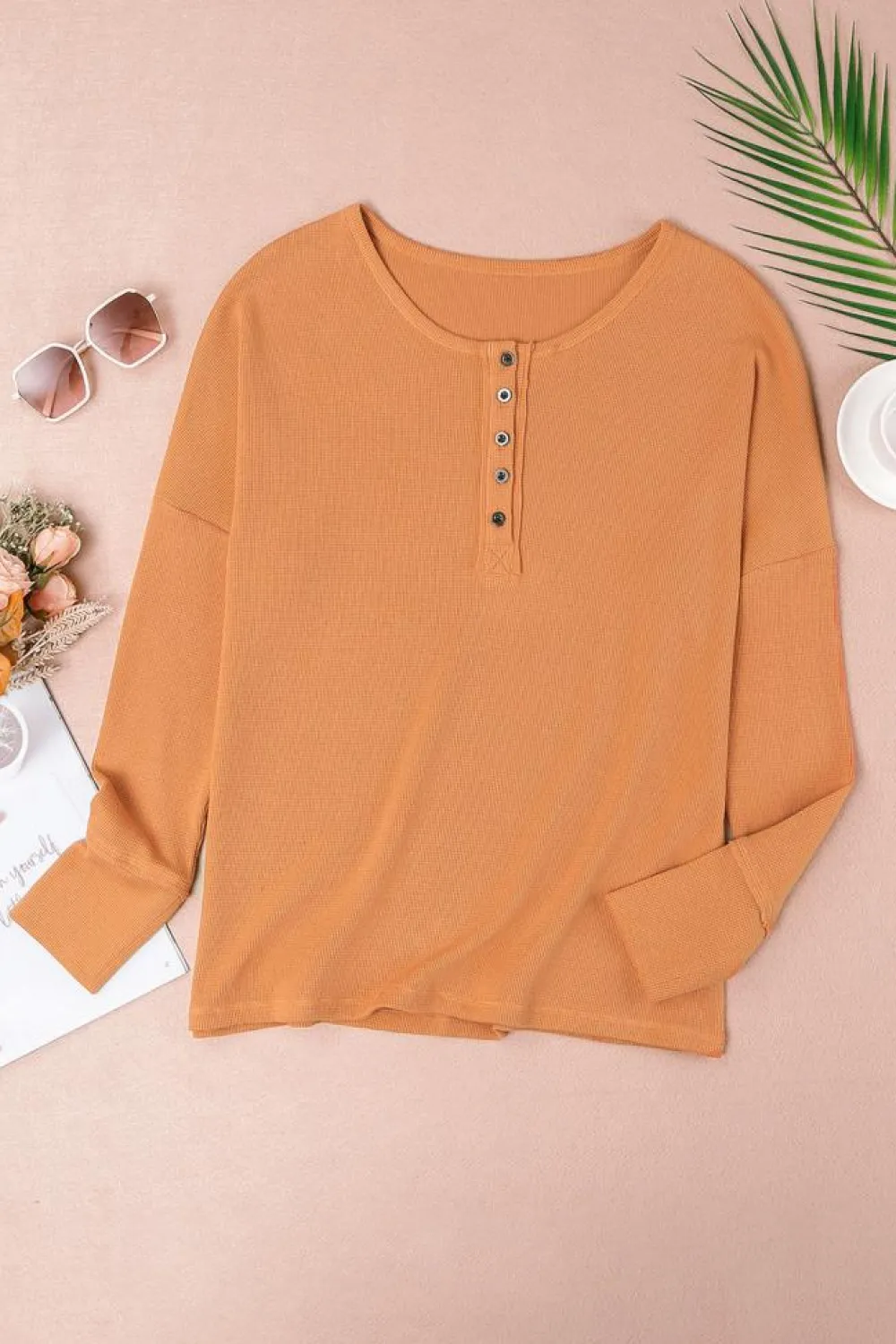 Fashion Dear-Lover Waffle Knit Henley Top Orange