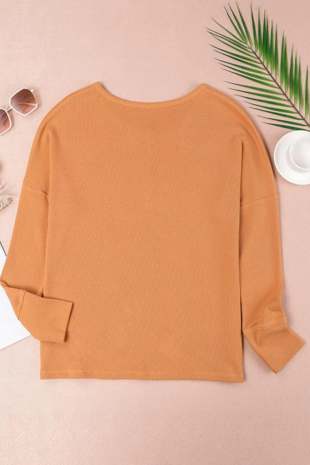 Fashion Dear-Lover Waffle Knit Henley Top Orange