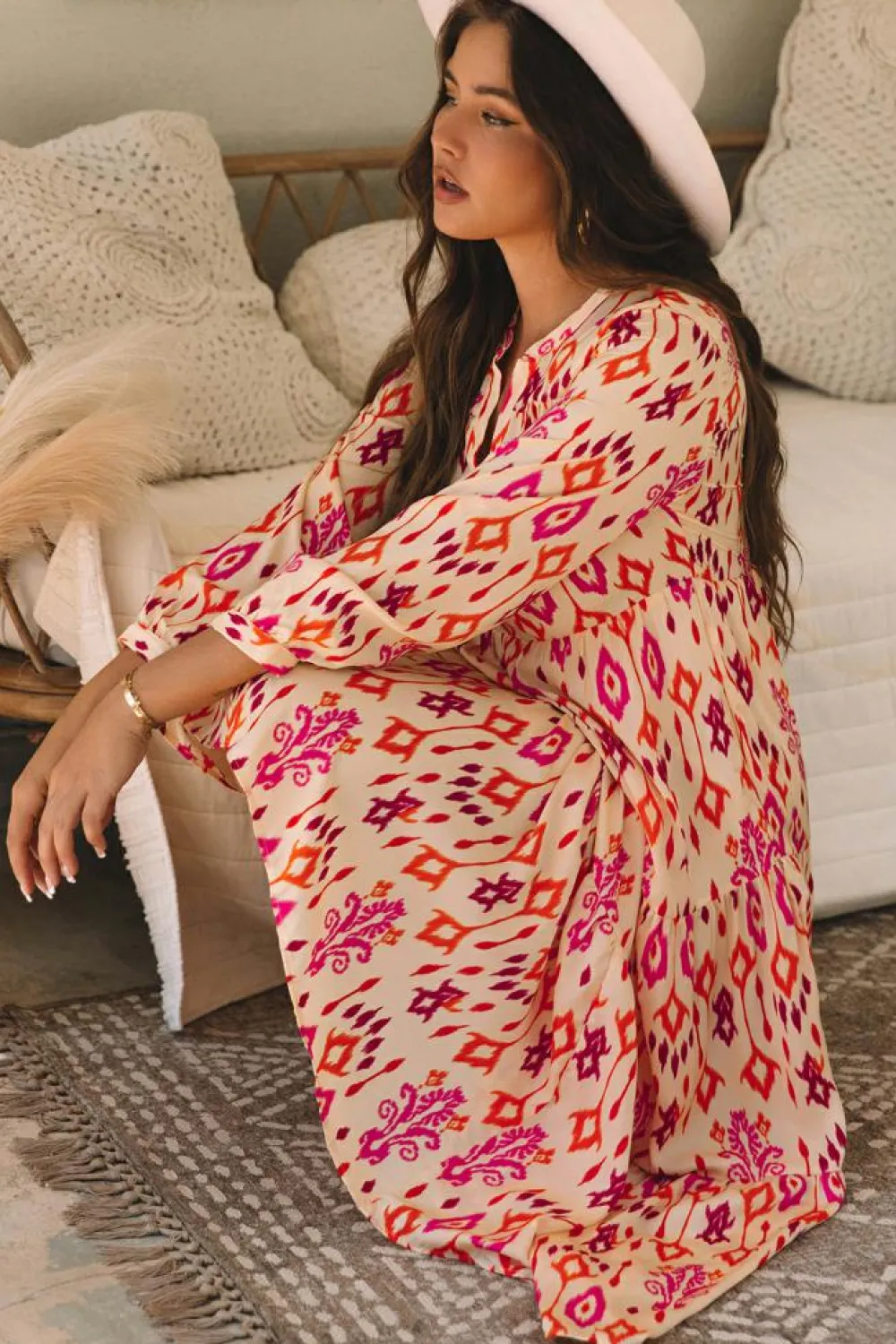 Clearance Dear-Lover Western Abstract Geometric Printed Maxi Dress Orange
