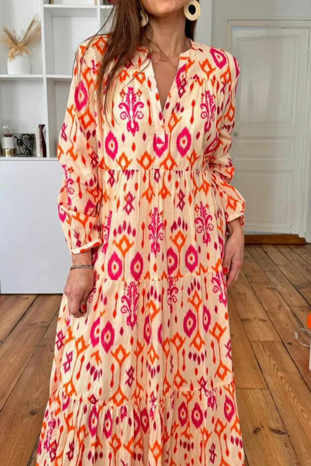 Clearance Dear-Lover Western Abstract Geometric Printed Maxi Dress Orange