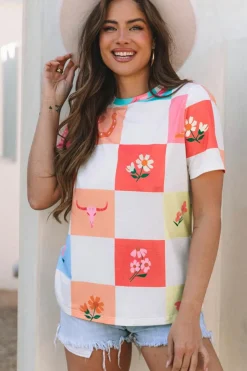 Discount Dear-Lover Western Fashion Checker Print Crewneck T Shirt Orange