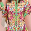 Best Dear-Lover Western Geometric Print Cuffed Shift Shirt Dress Orange