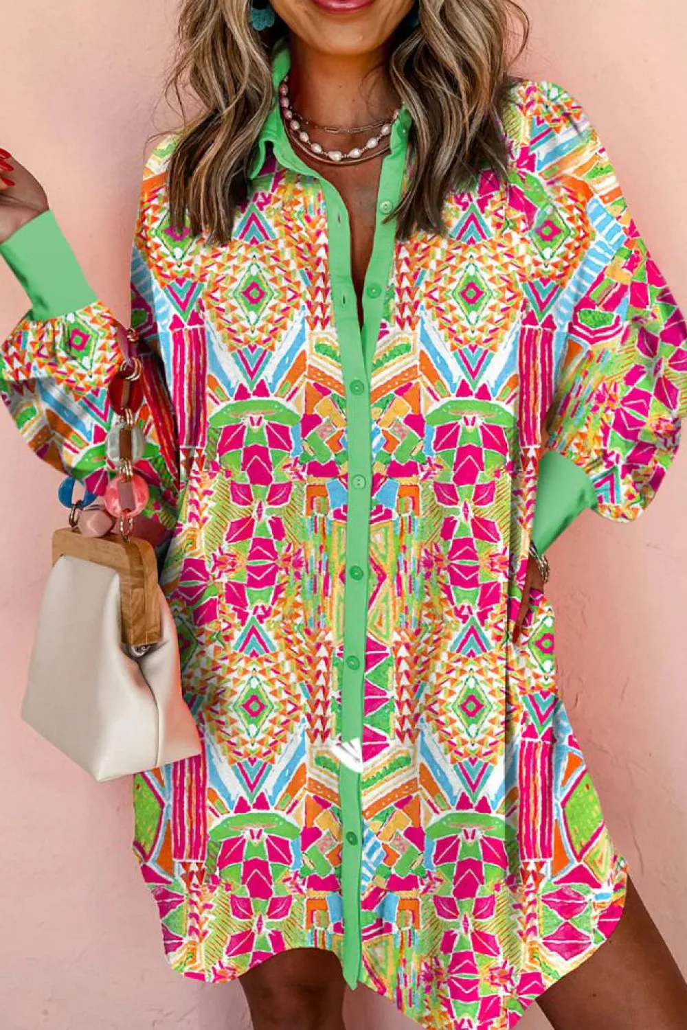 Best Dear-Lover Western Geometric Print Cuffed Shift Shirt Dress Orange