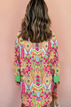 Best Dear-Lover Western Geometric Print Cuffed Shift Shirt Dress Orange