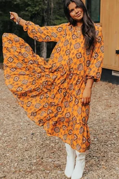 Fashion Dear-Lover Western Geometric Print Tiered Frilled Loose Fit Midi Dress Orange