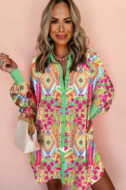 Best Dear-Lover Western Geometric Print Cuffed Shift Shirt Dress Orange