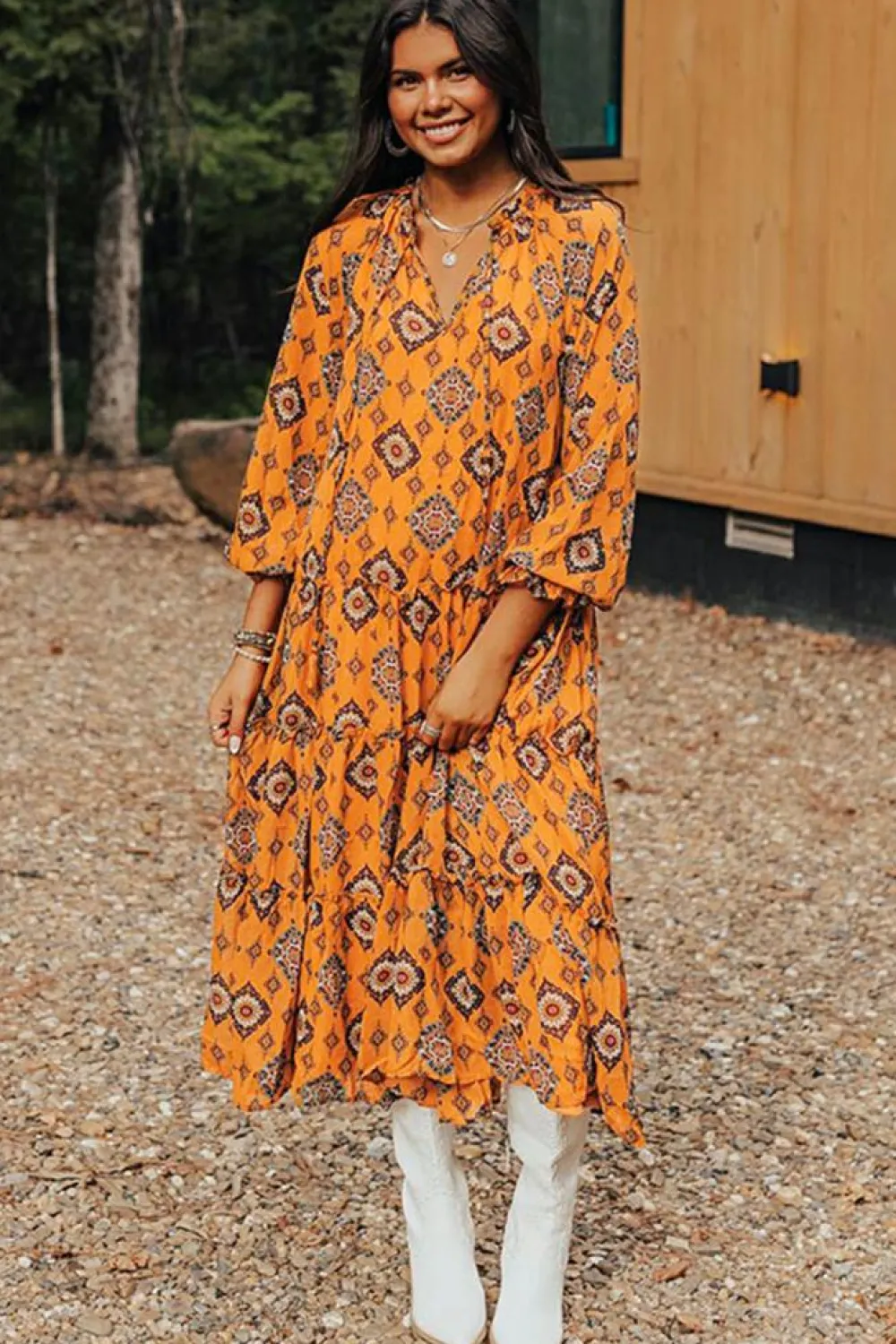 Fashion Dear-Lover Western Geometric Print Tiered Frilled Loose Fit Midi Dress Orange