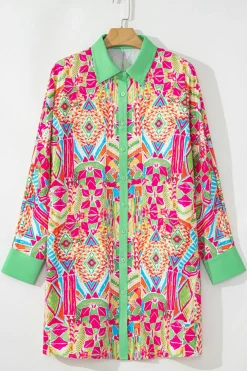 Best Dear-Lover Western Geometric Print Cuffed Shift Shirt Dress Orange