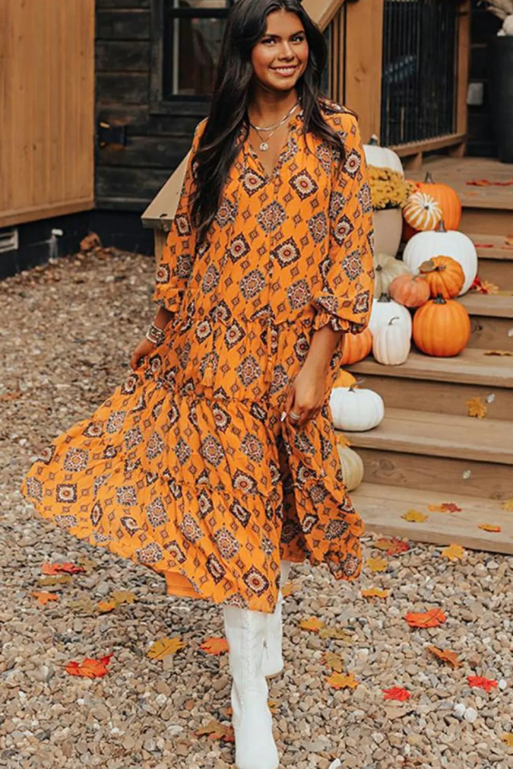 Fashion Dear-Lover Western Geometric Print Tiered Frilled Loose Fit Midi Dress Orange