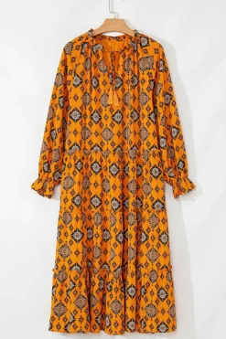 Fashion Dear-Lover Western Geometric Print Tiered Frilled Loose Fit Midi Dress Orange