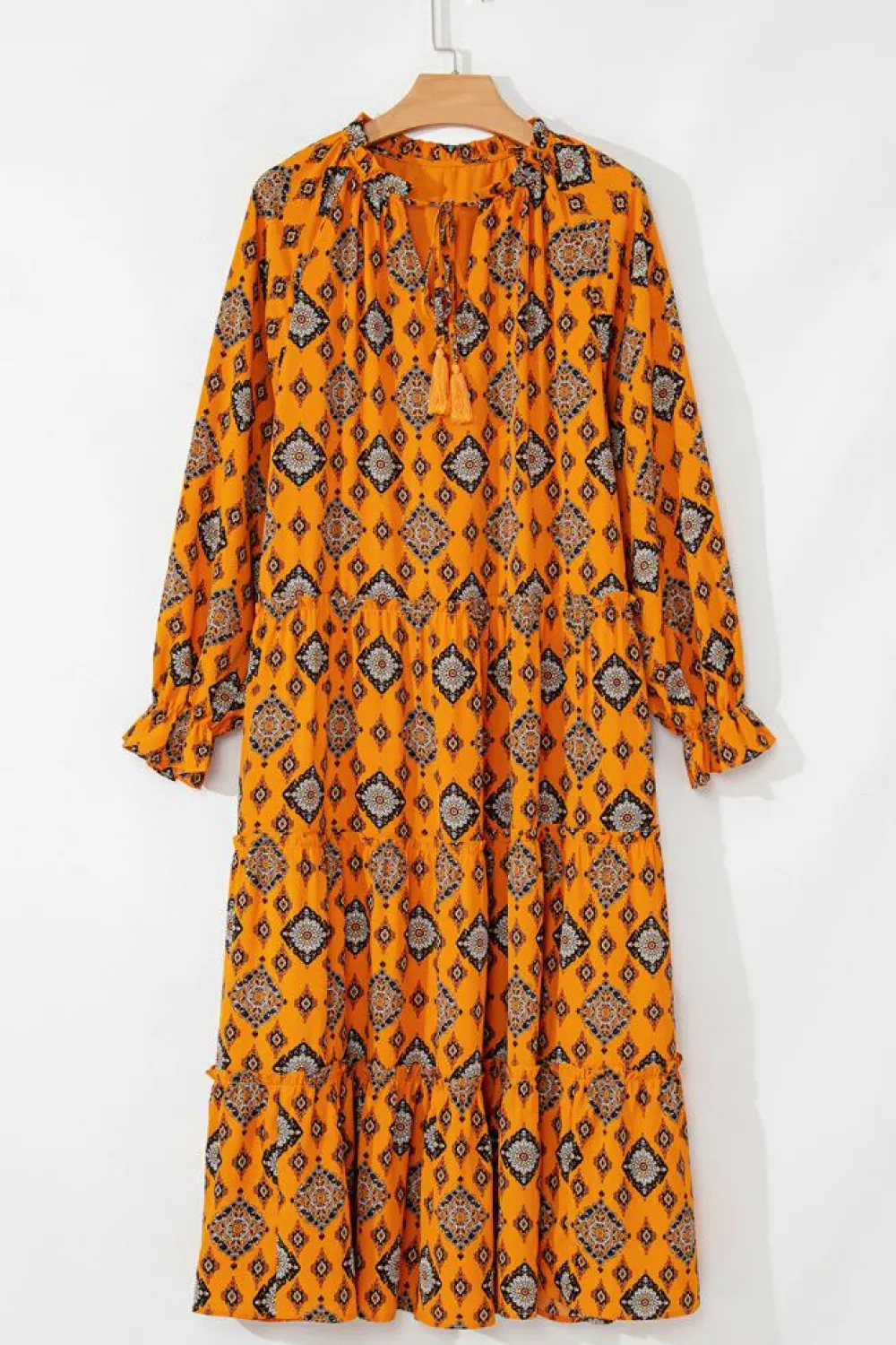 Fashion Dear-Lover Western Geometric Print Tiered Frilled Loose Fit Midi Dress Orange