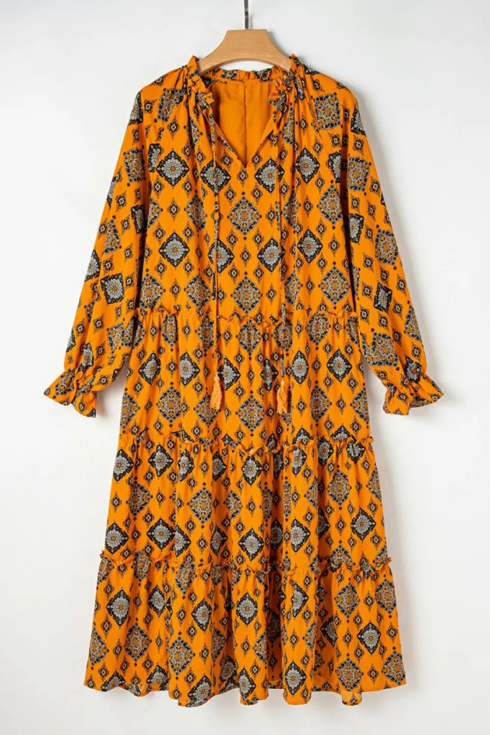 Fashion Dear-Lover Western Geometric Print Tiered Frilled Loose Fit Midi Dress Orange
