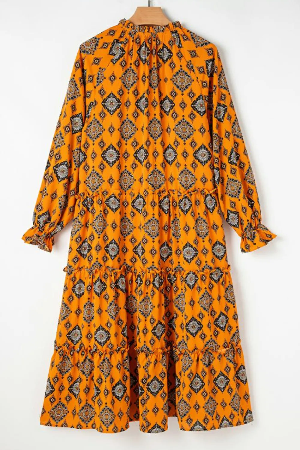 Fashion Dear-Lover Western Geometric Print Tiered Frilled Loose Fit Midi Dress Orange