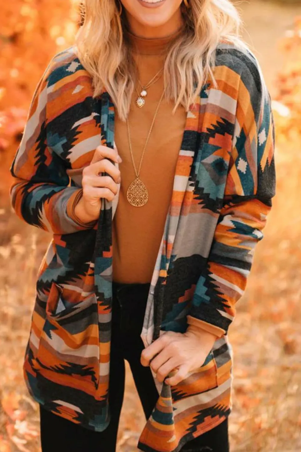 Online Dear-Lover Western Tribal Aztec Print Cardigan Orange