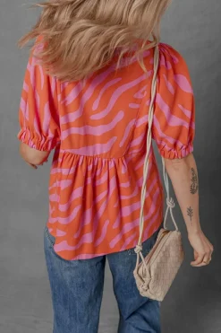 Online Dear-Lover Zebra Stripe Print Ruched Cuff Half Sleeve V Neck Blouse Orange