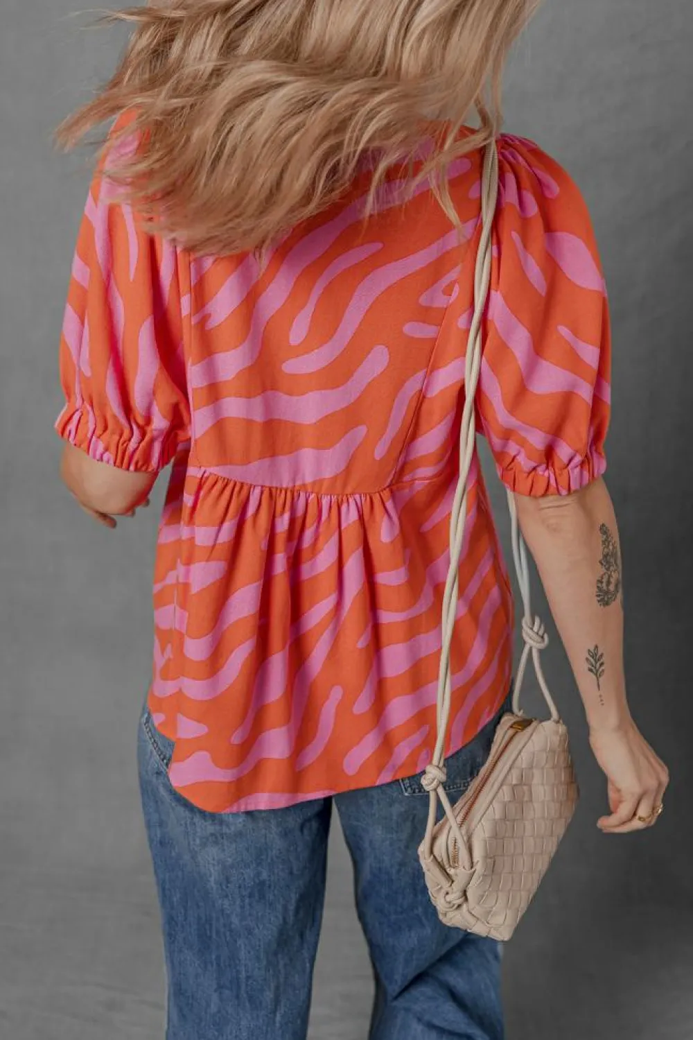 Online Dear-Lover Zebra Stripe Print Ruched Cuff Half Sleeve V Neck Blouse Orange