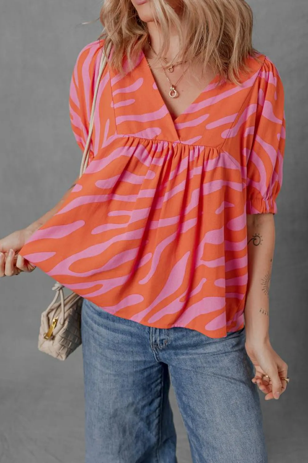 Online Dear-Lover Zebra Stripe Print Ruched Cuff Half Sleeve V Neck Blouse Orange
