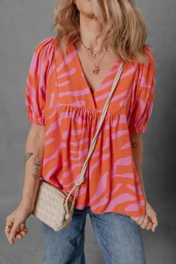Online Dear-Lover Zebra Stripe Print Ruched Cuff Half Sleeve V Neck Blouse Orange