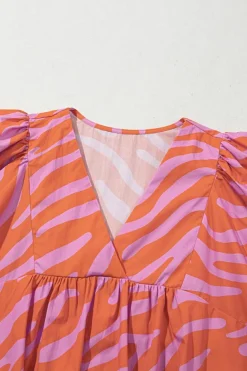 Online Dear-Lover Zebra Stripe Print Ruched Cuff Half Sleeve V Neck Blouse Orange