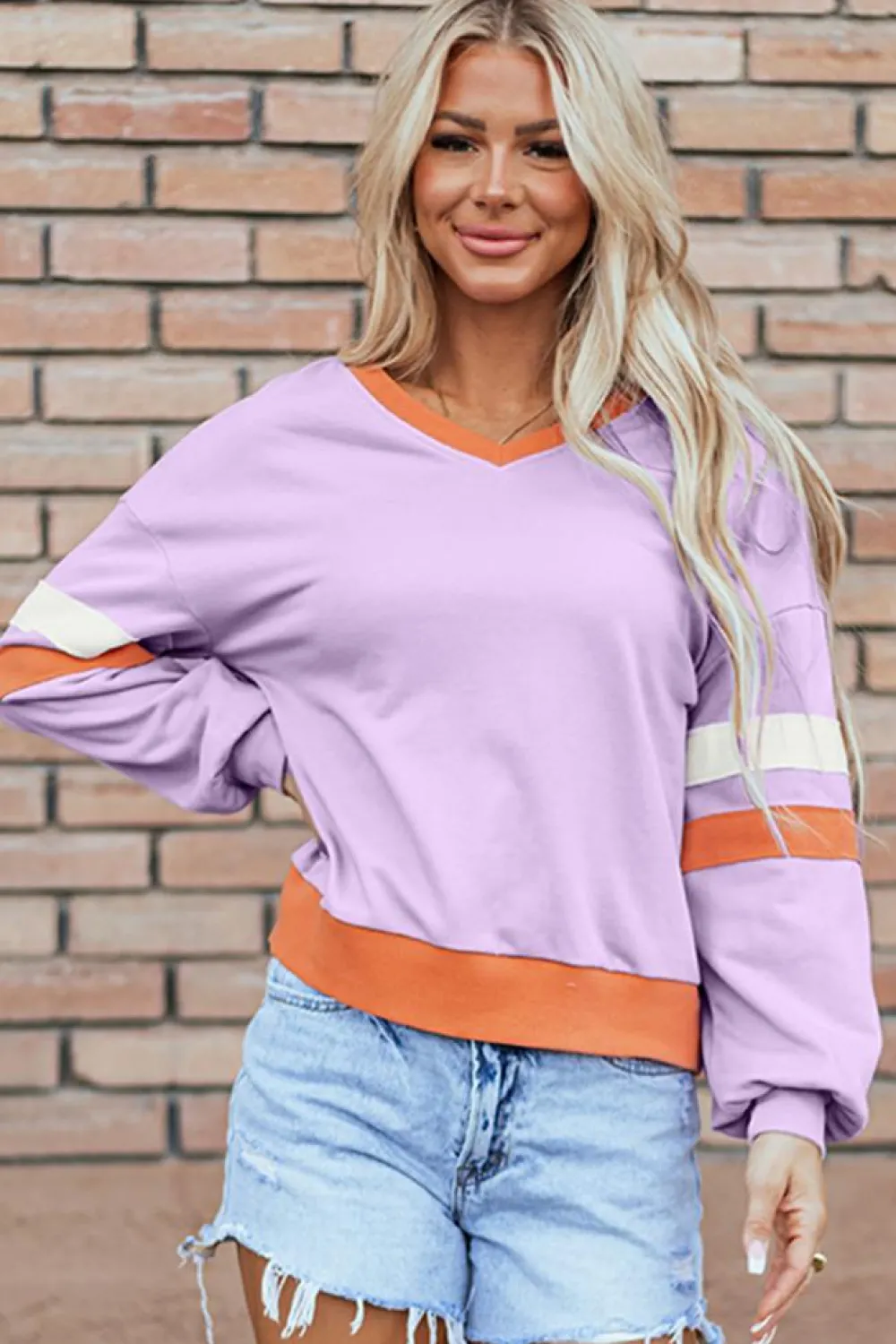 Fashion Dear-Lover Contrast Rib Knit Patchwork Drop Shoulder V Neck Sweatshirt Orchid Bouquet