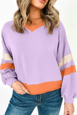 Fashion Dear-Lover Contrast Rib Knit Patchwork Drop Shoulder V Neck Sweatshirt Orchid Bouquet