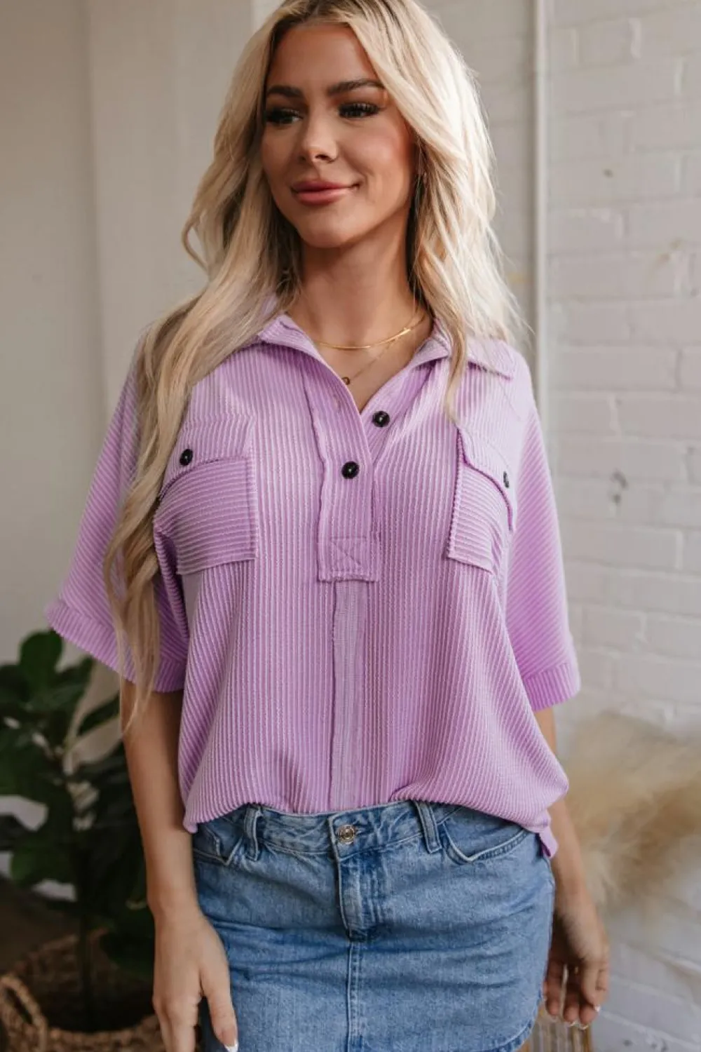 Outlet Dear-Lover Corded Flap Pocket Collared Buttoned Short Sleeve Blouse Orchid Bouquet