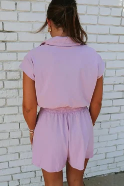 New Dear-Lover Short Sleeve Zipper Collared Elastic High Waist Romper Orchid Bouquet