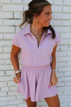 New Dear-Lover Short Sleeve Zipper Collared Elastic High Waist Romper Orchid Bouquet